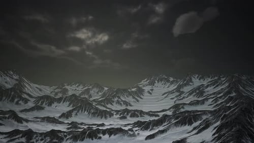 Dark Cloudy Sky Over Snowy Mountain Range Flyover