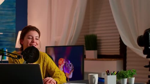 Woman Recording Podcast in Home Studio