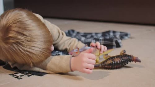 Little Boy Playing With Dinosaur Toys on Floor