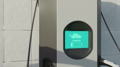 Electric car connected to the charging station. Vehicle using renewable energy