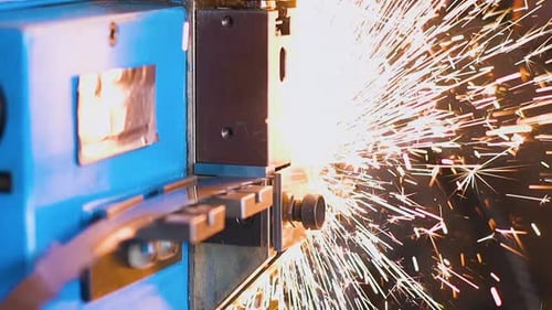 Powerful Machine Welds Long Metal Band Saw in Workshop