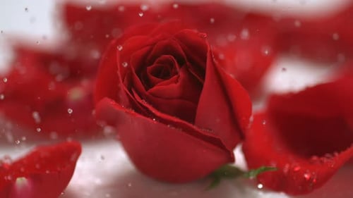 Rain drops falling on red rose, Slow Motion