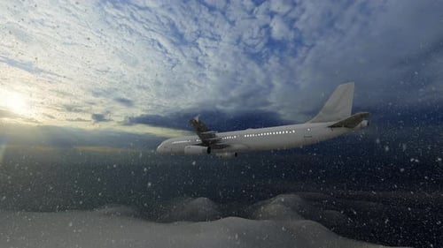 Passenger Airplane Flying Through Snowy Winter Sky