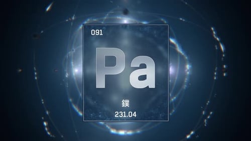 Protactinium als Element 91 des Periodensystems auf blauem Hintergrund in chinesischer Sprache