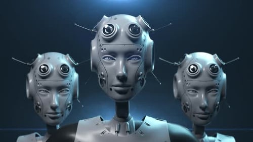 Three robots stand looking at the viewer watching