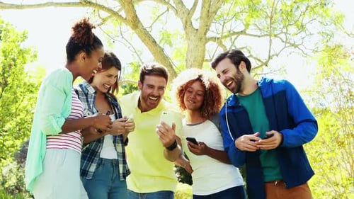 Young Adults Laughing at Cell Phones Outdoors