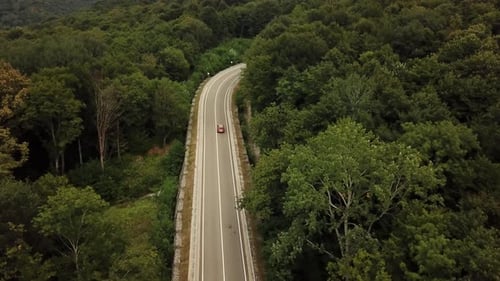 Orange SUV Car Driving on a Rural Road in the Mountains and Forest at Summer Sunny Day - Drone Point