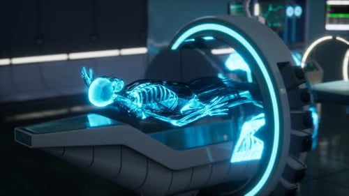 3D Futuristic Medical Scan of Glowing Human Skeleton