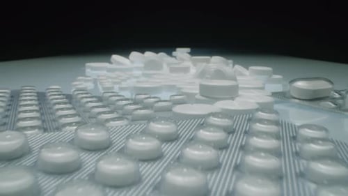 Pharmazeutische Blisterpackungen und weiße Tabletten auf dem Tisch
