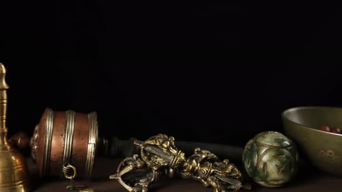 Buddhist Religious Objects Arrangement Close Up Shot