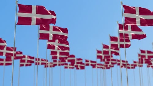 Realistic Danish Flags Waving Against Clear Blue Sky