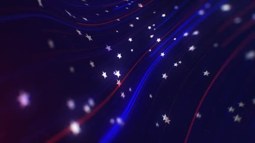 Patriotic Flowing Red Blue Lines with Sparkling Stars Background