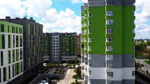 Aerial drone view of a flying over the modern residential building.