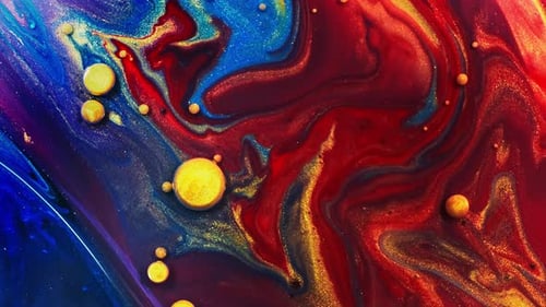 Multicolored Bubbles Of Bright Collors Moving In Paint Oil Surface Beautiful Blue Universe Of Color