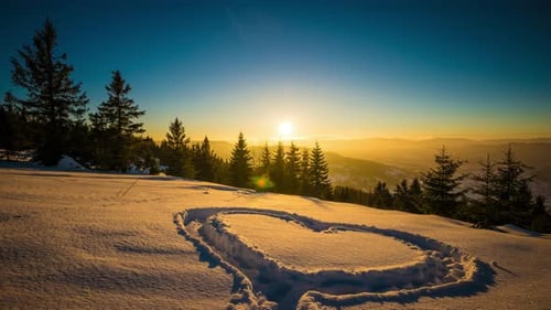 Heart on Snow, Sunset Winter Mountain