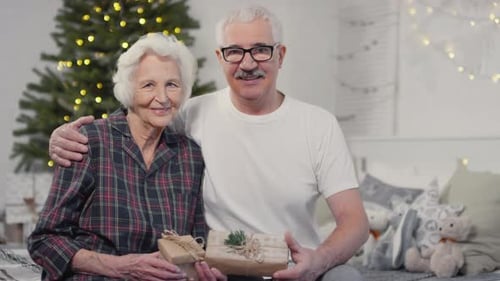 Senior Couple with Christmas Gifts in Home