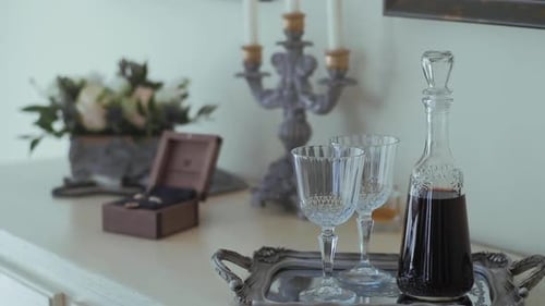 Elegant Wedding Accessories Display with Crystal Glasses