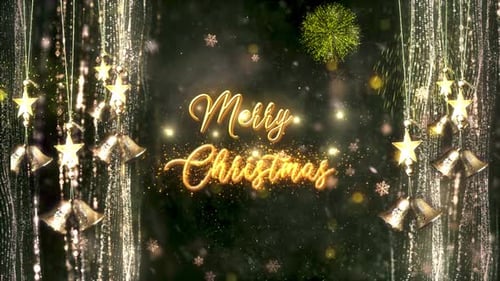 Golden Merry Christmas Text Reveal with Festive Decorations