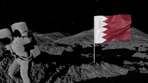 Astronaut Planting Bahrain Flag on Rocky Moon Landscape Animation