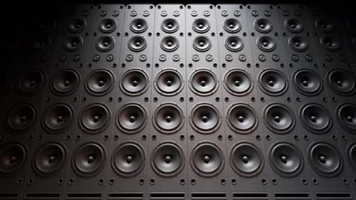 Modern speakers stacked in an endless wall loop. Membranes vibrate, studio mood.