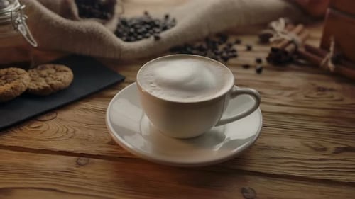 Delicious Cappuccino with Cookies on Rustic Wooden Table