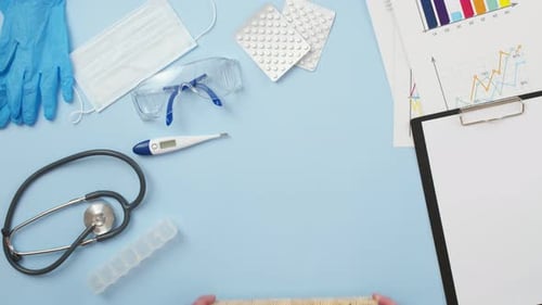 Medical Equipment and Medicine Blocks on Blue Surface