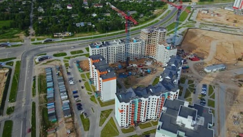 Aerial Photography Of The Construction Site. Construction Of Modern Multi Storey Buildings.