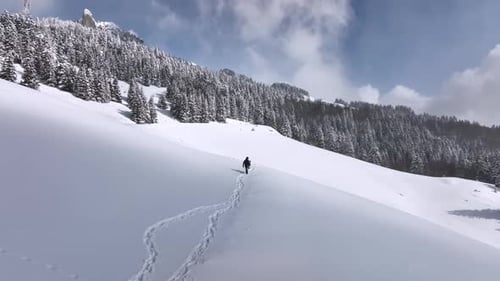 Figure Walking on Snowy Mountain in Winter Landscape