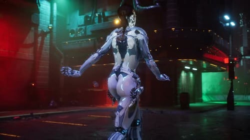 Futuristic Dancing Robot in Neon City at Night