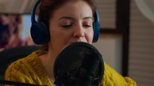 Close Up of Influencer Talking on Podcast Microphone