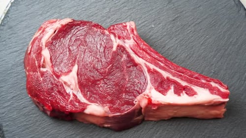 Meat Rotating Background. Raw Beef Entrecote Close Up Video Backdrop. Food Concept