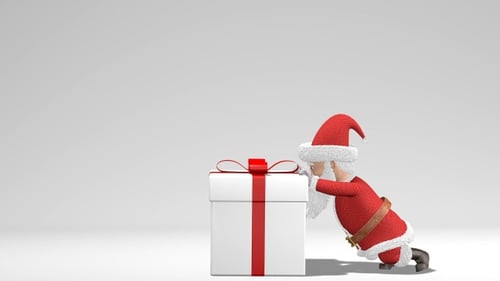 Animated Santa Claus Pushes Christmas Gift Box and Waves