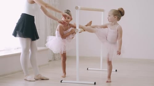 Two Little Girls Practicing Choreographic Elements on Ballet Barre with Help of Teacher in Dance
