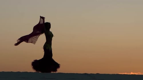 Dancer Holds a Veil in Her Hands, She Dances a Belly Dance on the Beach. Silhouette