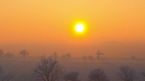 Sunset time lapse on a snowy landscape with fields and trees, camera is zoomed and follows the sun