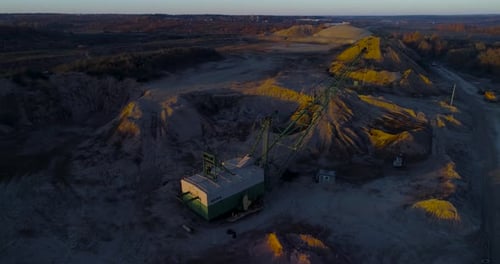 Sunrise Aerial View of a Rural Landscape and Crane