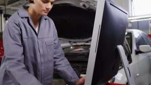 Female mechanic using computer while servicing a car engine