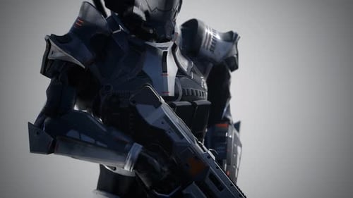 Soldat futuriste en armure d'acier avec le pistolet Cyber Punk