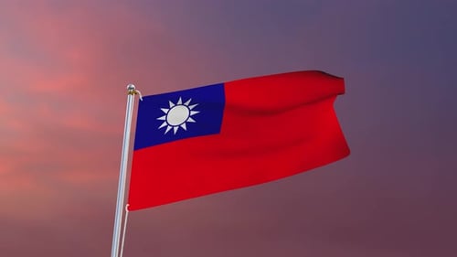 Animated Taiwan Flag Waving Against a Dramatic Sunset Sky