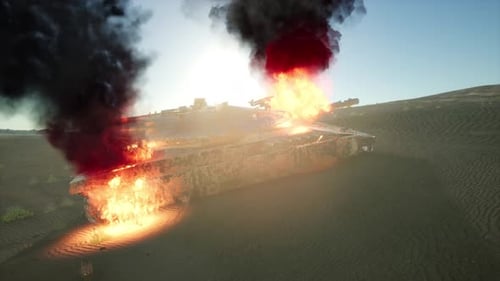 Burned Tank in the Desert at Sunset