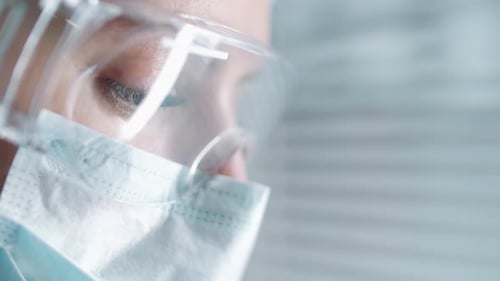 Close Up of Face of Female Doctor in Protective Glasses and Mask