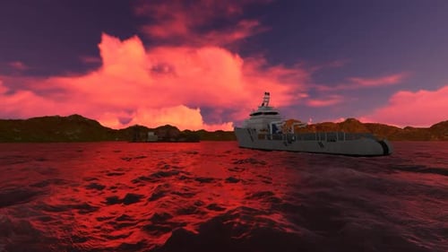 Sunset over the river and ship