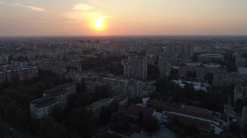 Cityscape View From Flying Drone at Sunset