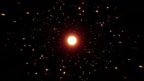 Glowing Red Light Star and Fire Sparks in the Outer Space