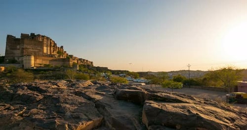 Jodhpur cityscape, time lapse. The majestic fort dominating the blue city, Rajasthan, India.