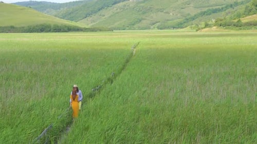 Couple Strolling Through Green Field on Wooden Path