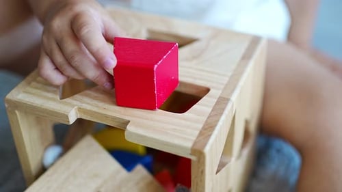 Cute Caucasian Little Girl Playing on the Floor at Home with Eco Wooden Toys