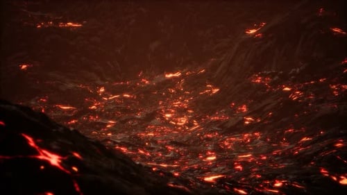 Rot-orange lebendige geschmolzene Lava fließt auf graues Lavafeld und glänzendes felsiges Land