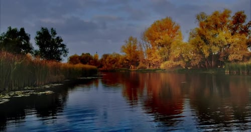 Copter Flies Over the Water Surface of the Lake Dark Water