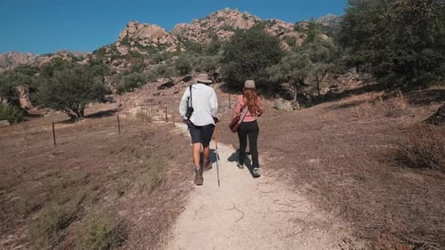 Couple Hiking on a Mountain Trail on a Sunny Day